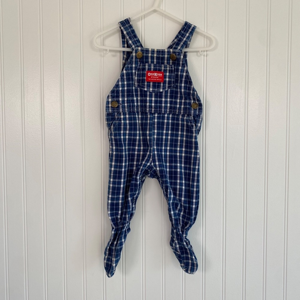 Vintage Osh Kosh Bgosh Vestbak Baby Overalls Size 3-6 Months Blue‎ Plaid Footie